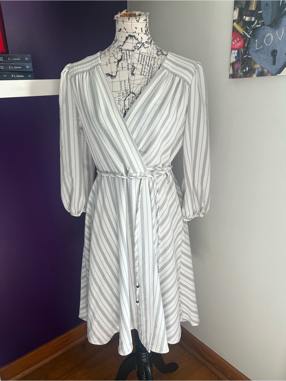 Calvin Klein White and Light Gray Striped Faux Wrap Dress